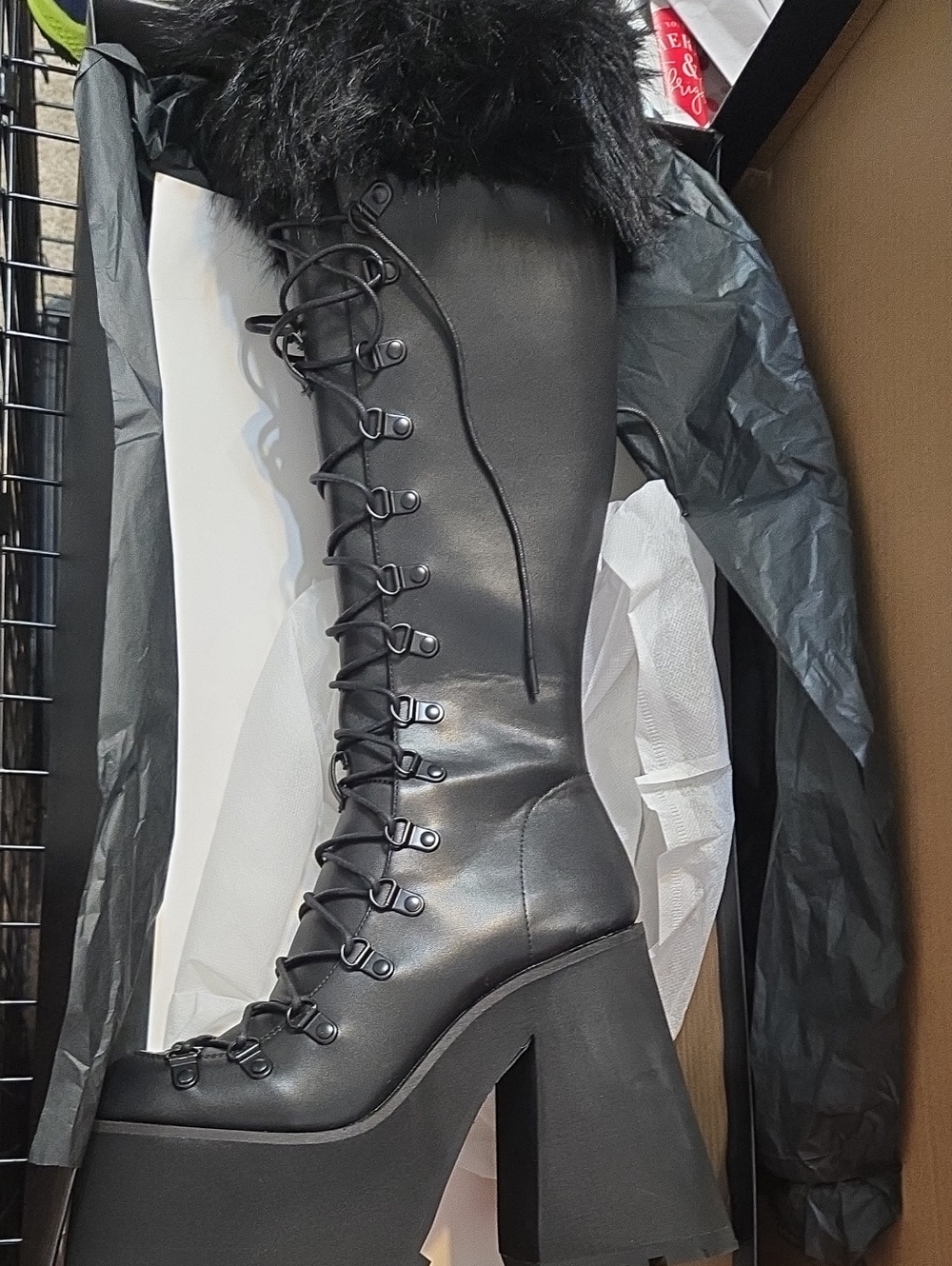 Dolls Kill Sz 9 Black Lace-Up Platform Knee Boots with Faux Fur Cuff